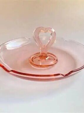 Antique 1930s L E Smith Pink Depression Glass Heart Handle Tidbit or Ash Tray